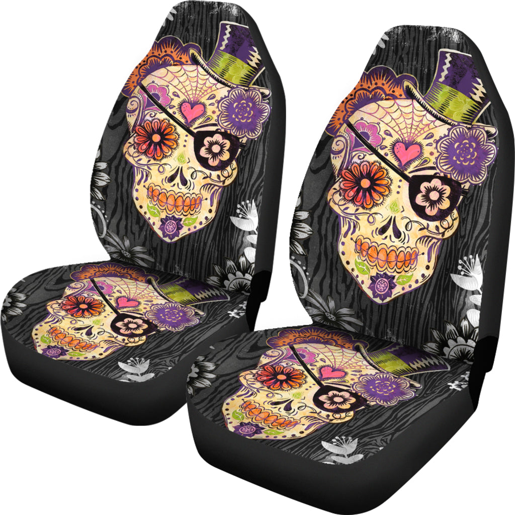 Set of 2 day of the dead sugar skull Gothic car seat covers