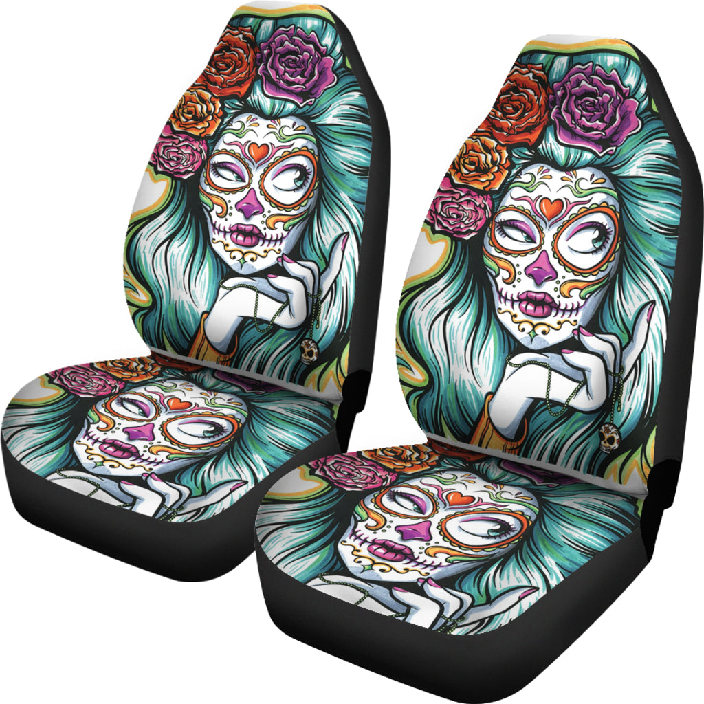 Set 2 day of the dead car seat cover sugar skulls