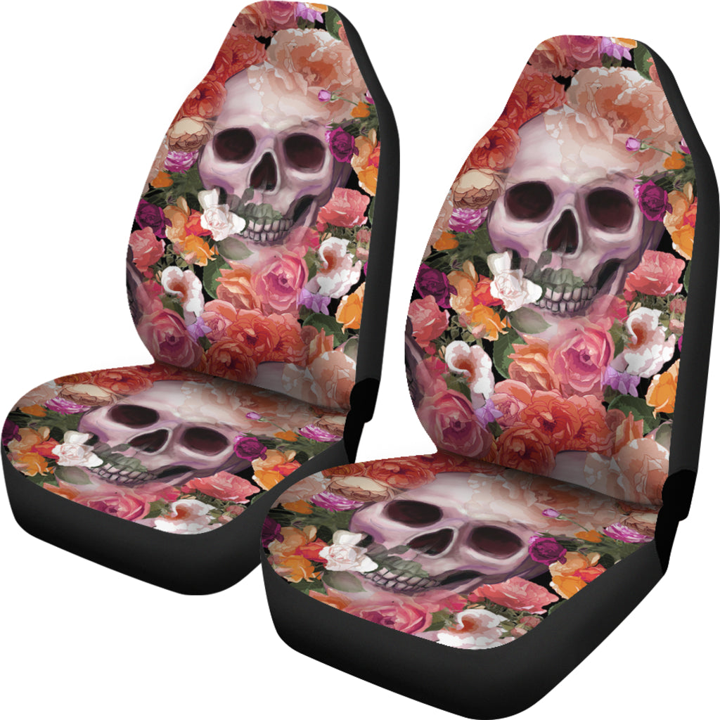 Set of 2 skull skeleton floral skull car seat covers