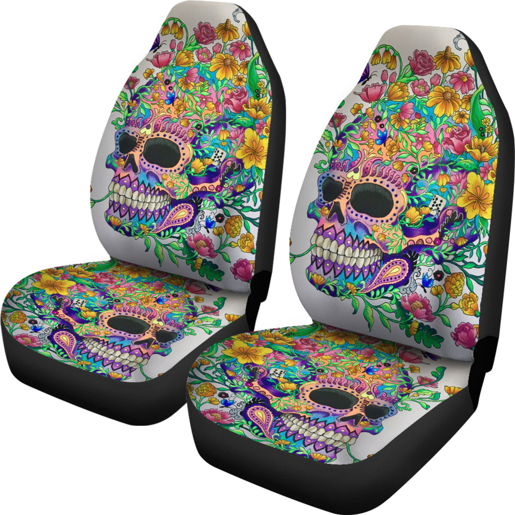 Set 2 pcs Floral sugar skull day of the dead skull car seat covers