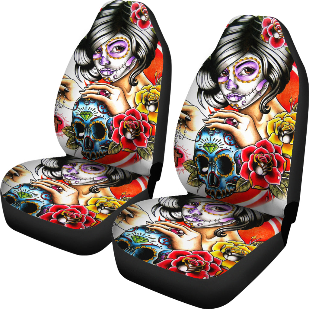 Set of 2 pcs day of the dead sugar skull girl car seat covers