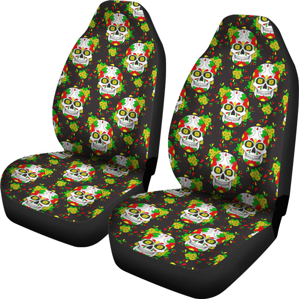 Set of 2 floral sugar skull day of the dead car seat covers