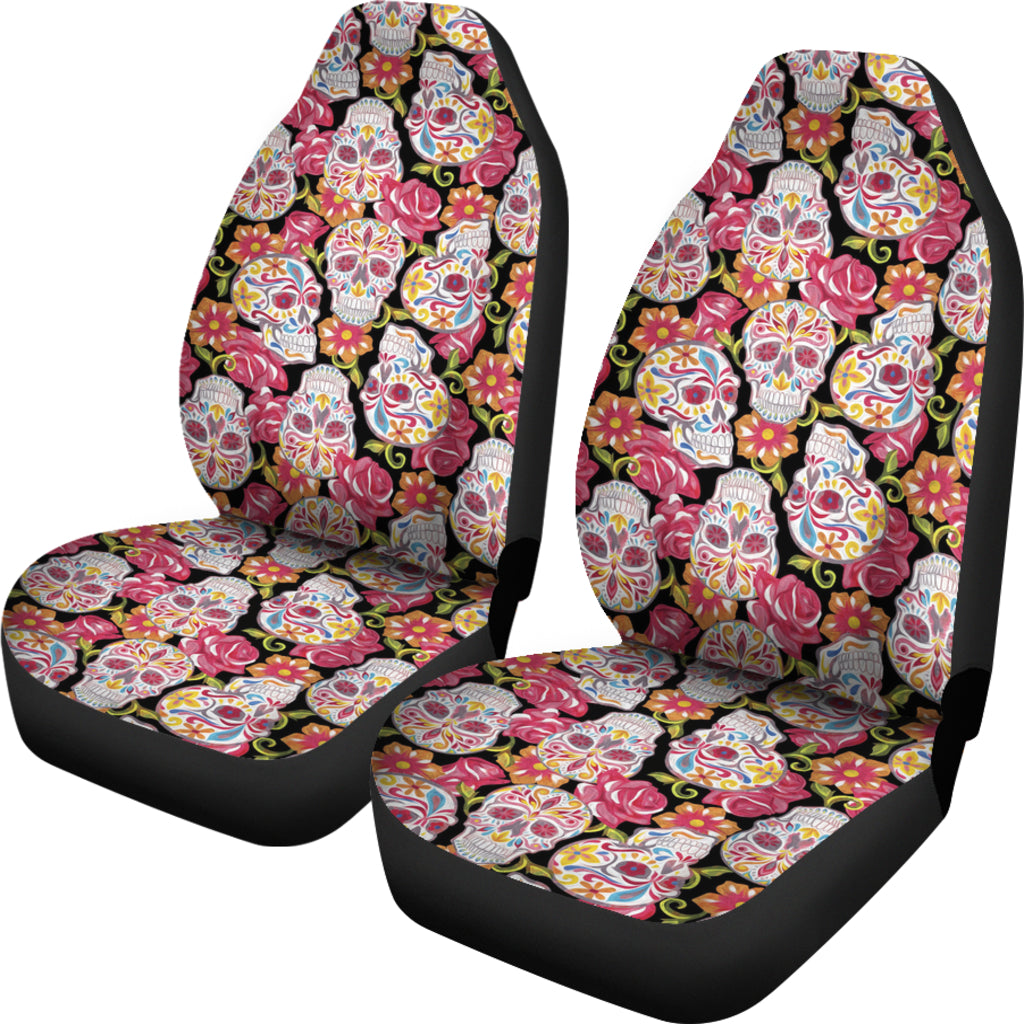 Set of 2 colorful sugar skull car seat covers