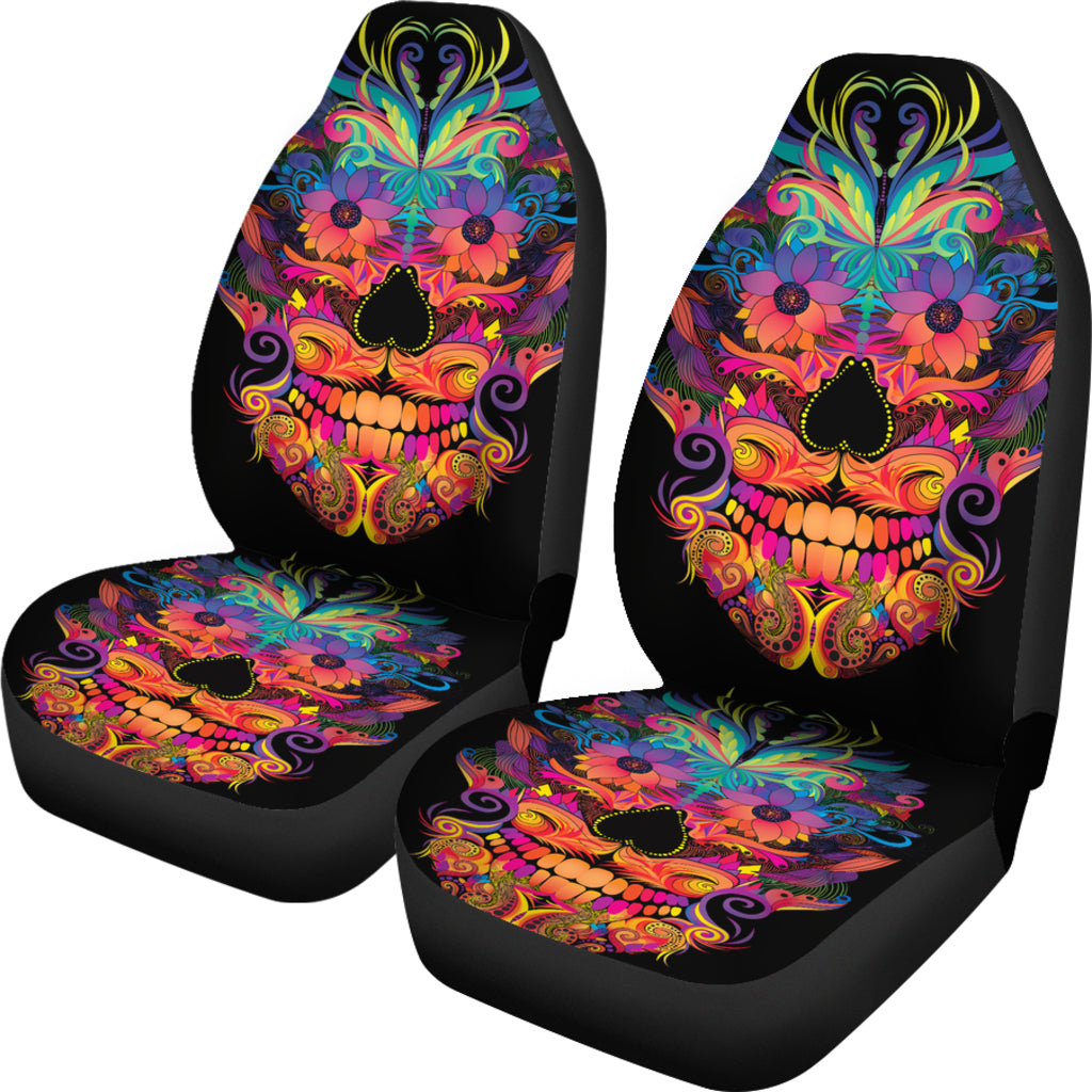 Set of 2 colorful sugar skull car seat covers