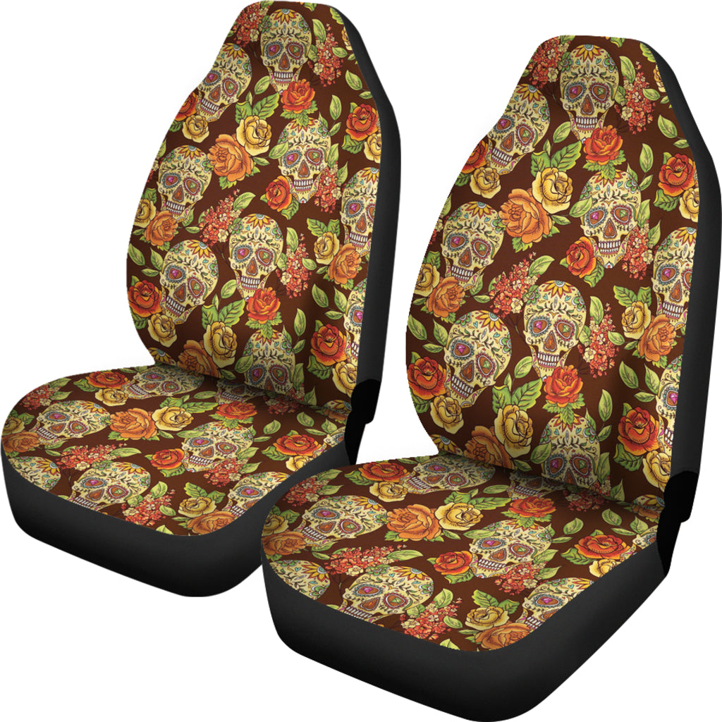 Set of 2 pcs sugar skull floral car seat covers