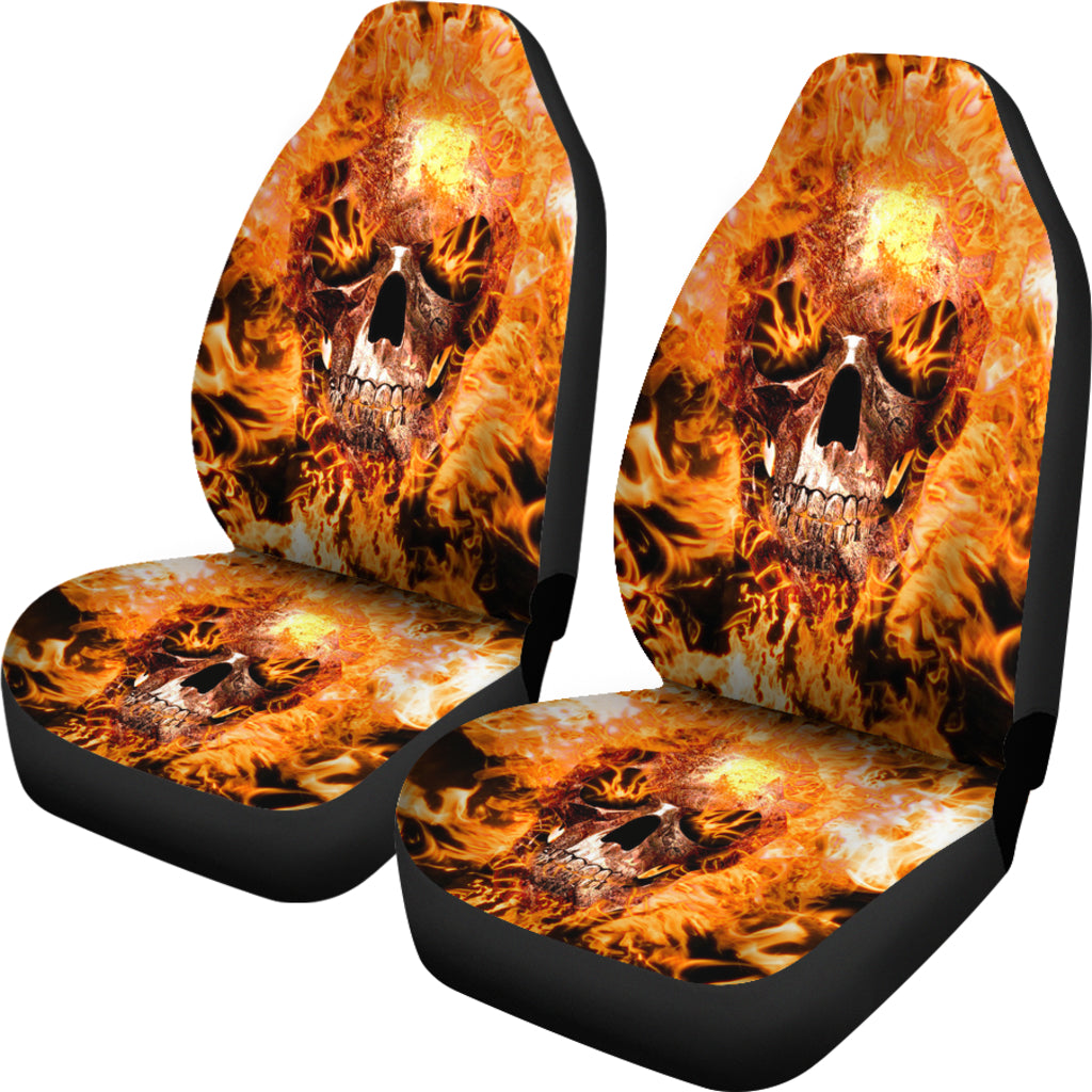 Set 2 Flaming fire skull gothic skull car seat covers