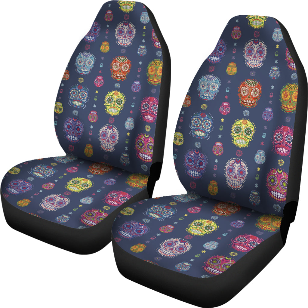 Set of 2 colorful sugar skull car seat covers