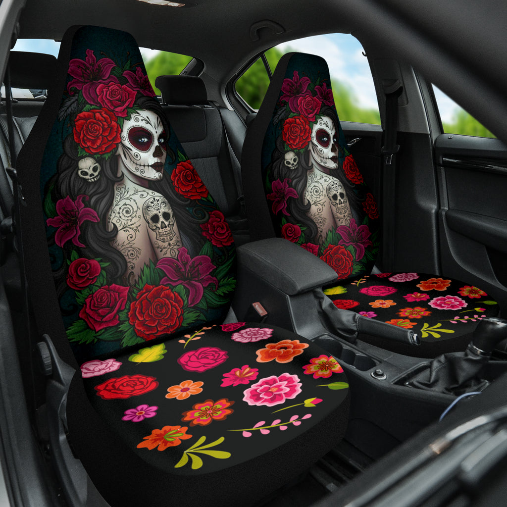 Set 2 pcs Sugar skull girls Day of the dead car seat covers