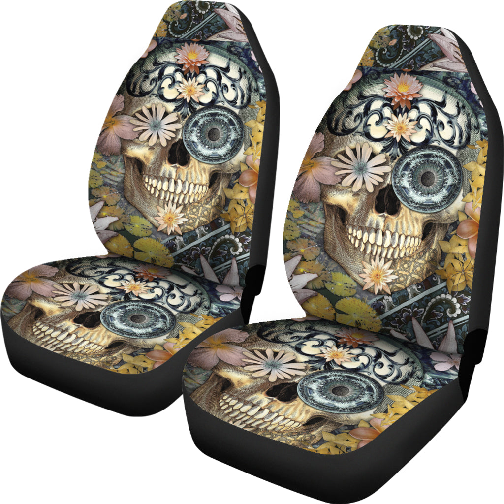 Set of 2 floral sugar skull seat covers
