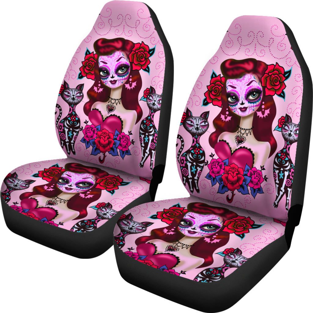 Set of 2 pcs sugar skull girl day of the dead car seat covers