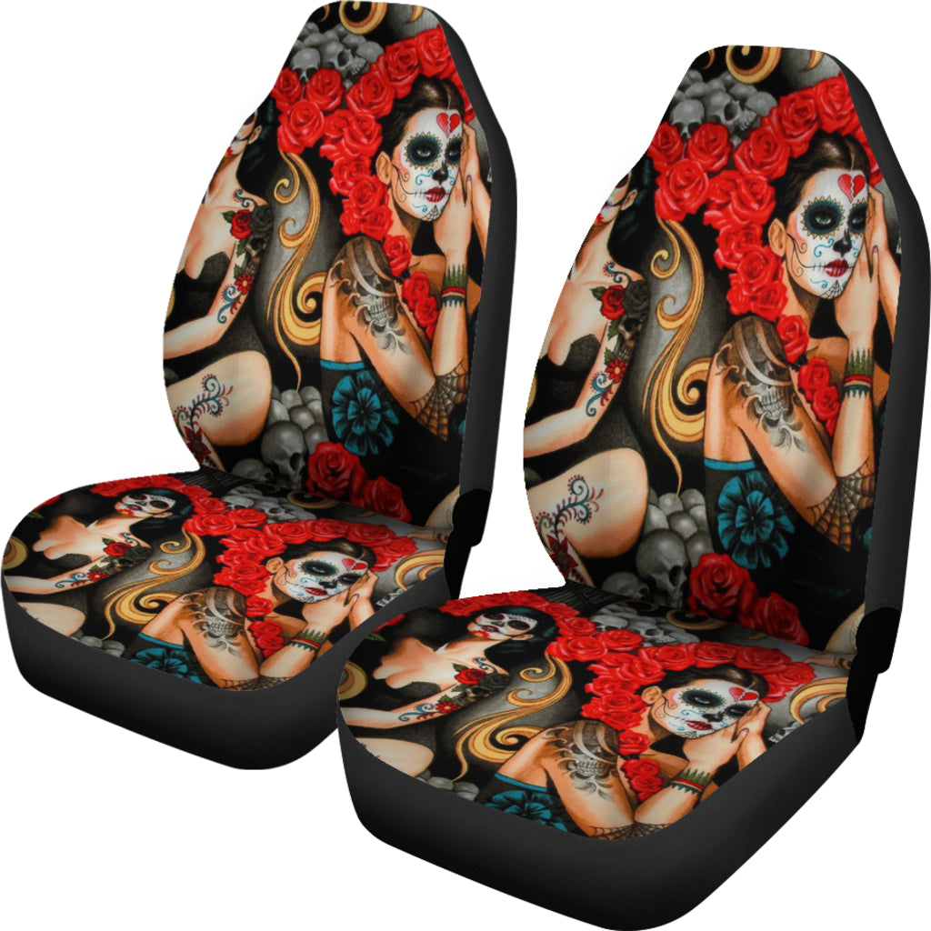 Set 2 pcs day of the dead sugar skull car seat covers