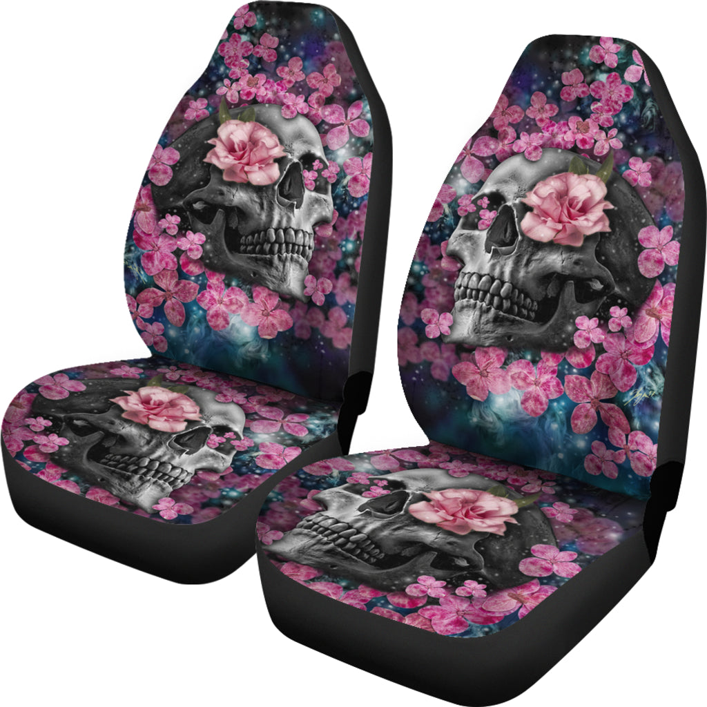 Set of 2 beautiful floral sugar skull car seat covers