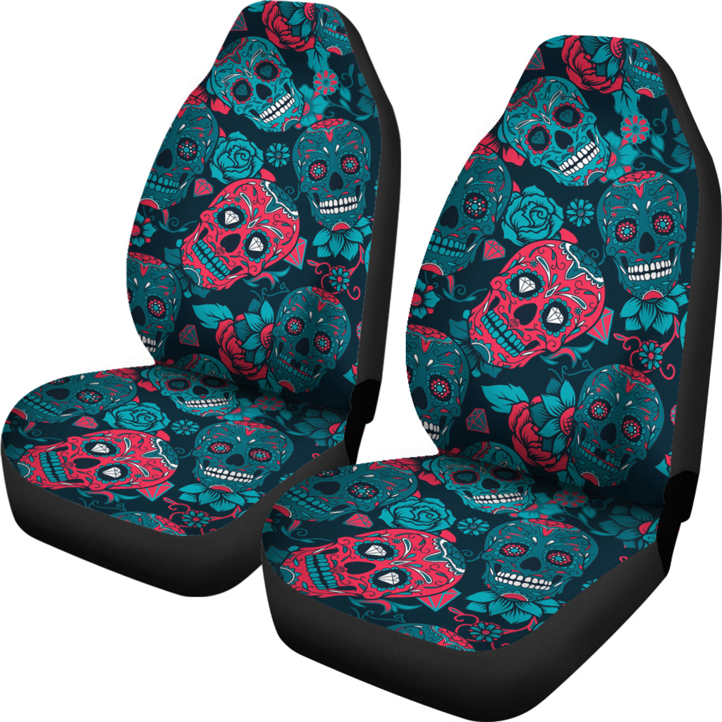 Red & Blue Sugar Skull Car Seat Covers