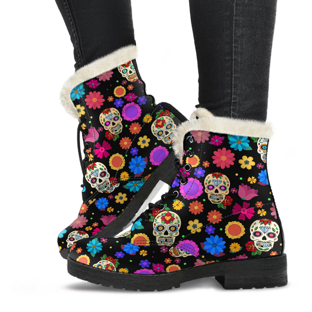 Sugar Skull Party Faux Fur Vegan Leather Boots for Lovers of Skulls