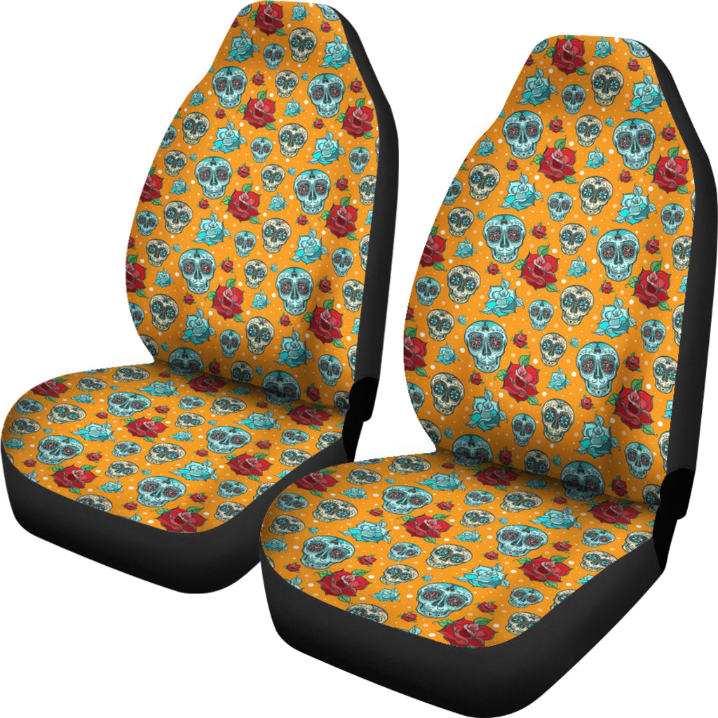 Set 2 pcs Floral sugar skull day of the dead skull car seat covers