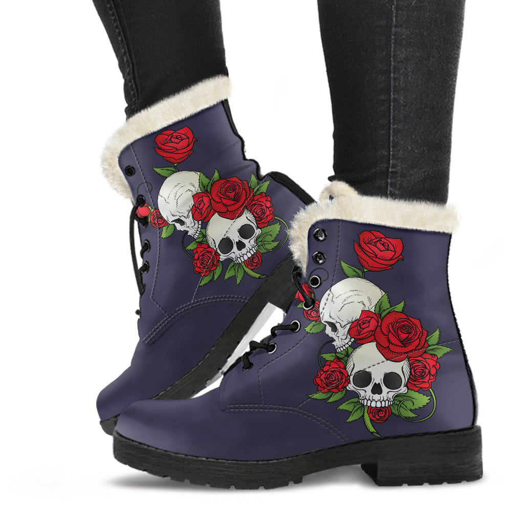 Skull Couple Roses (Eclipse) - Faux Fur Leather Boots