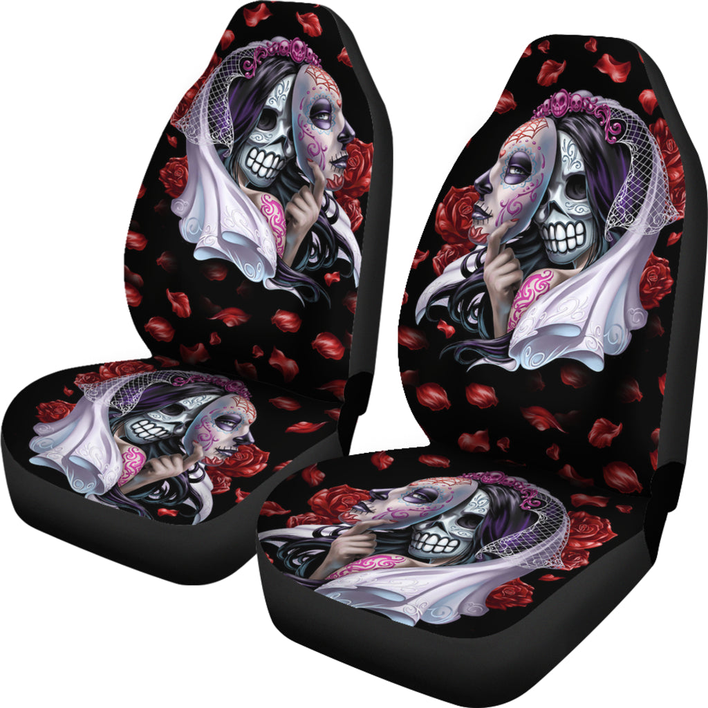 Set of 2 day of the dead sugar skull car seat covers