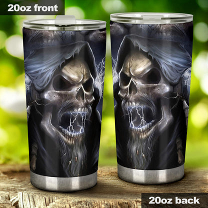 Skull in fire cup, skull in fire mug, skeleton tumblr, grim reaper beer mug, biker skull mug, evil tumbler, flower skull mug