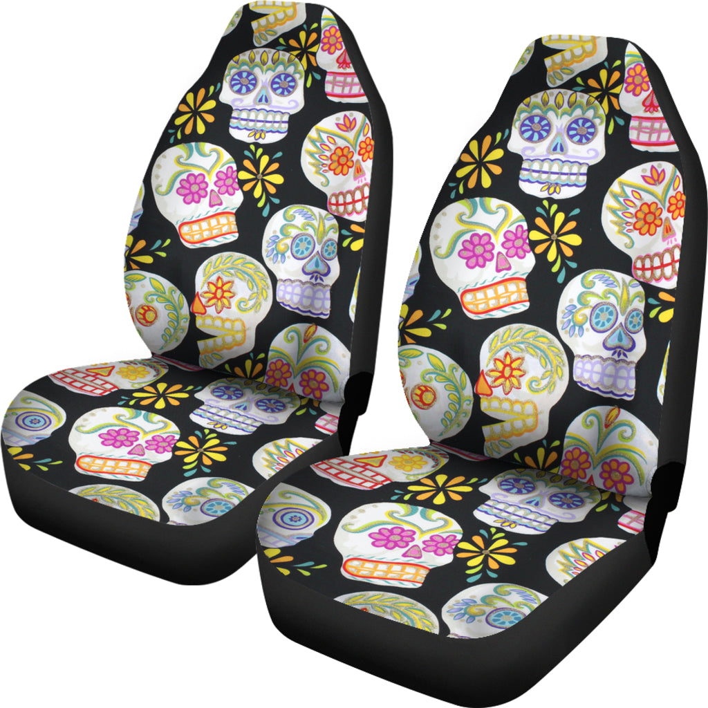 Set 2 pcs Floral sugar skull day of the dead skull car seat covers