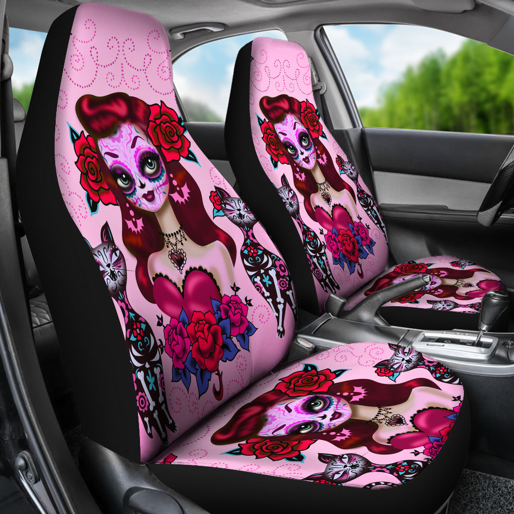 Set of 2 pcs sugar skull girl day of the dead car seat covers