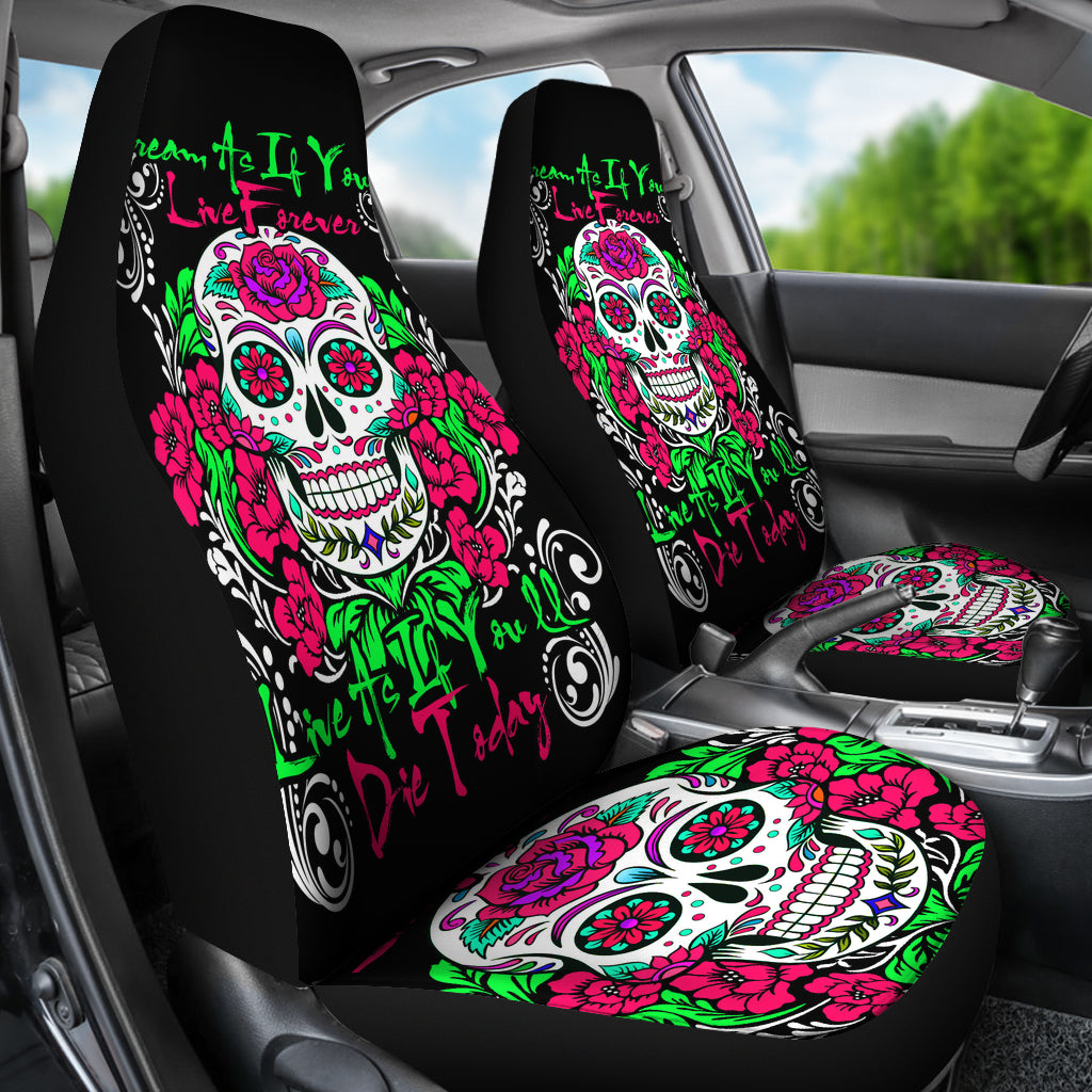 Set of 2 Pcs - sugar skull - day of the dead car seat cover