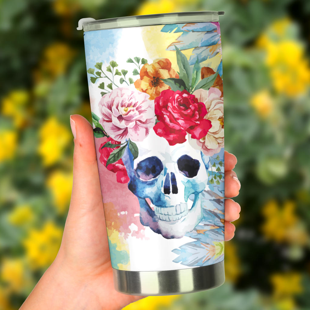 Flower skull tumbler cup mug, grim reaper tumbler cup mug, horror freezer Mug, halloween tumblr, skull freezer Mug, skull in fire coffee mug