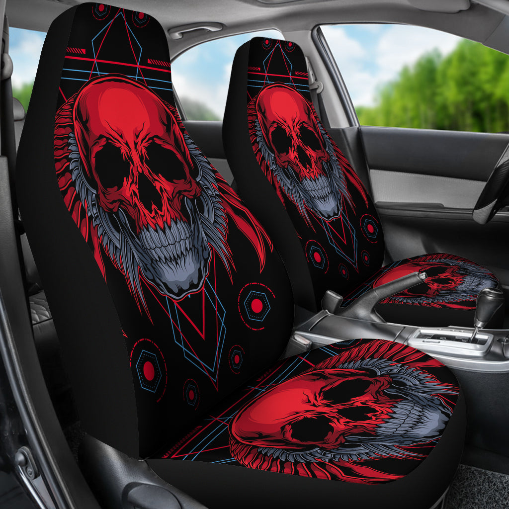 Set of 2 flaming fire red skull car seat covers