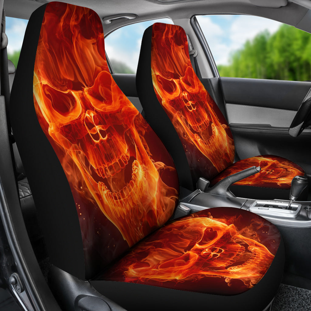 Set of 2 flaming skulls car seat covers