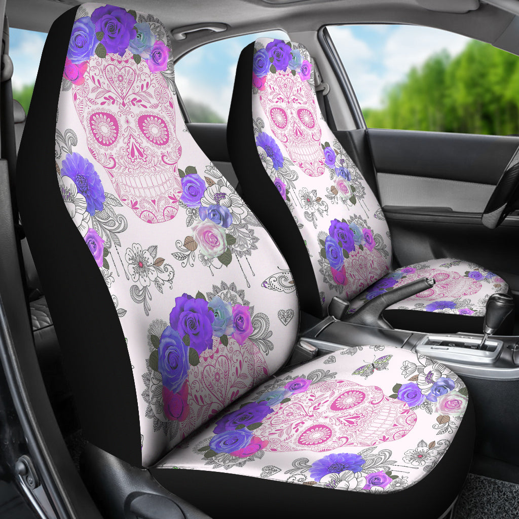 Set 2 pcs Floral sugar skull day of the dead skull car seat covers