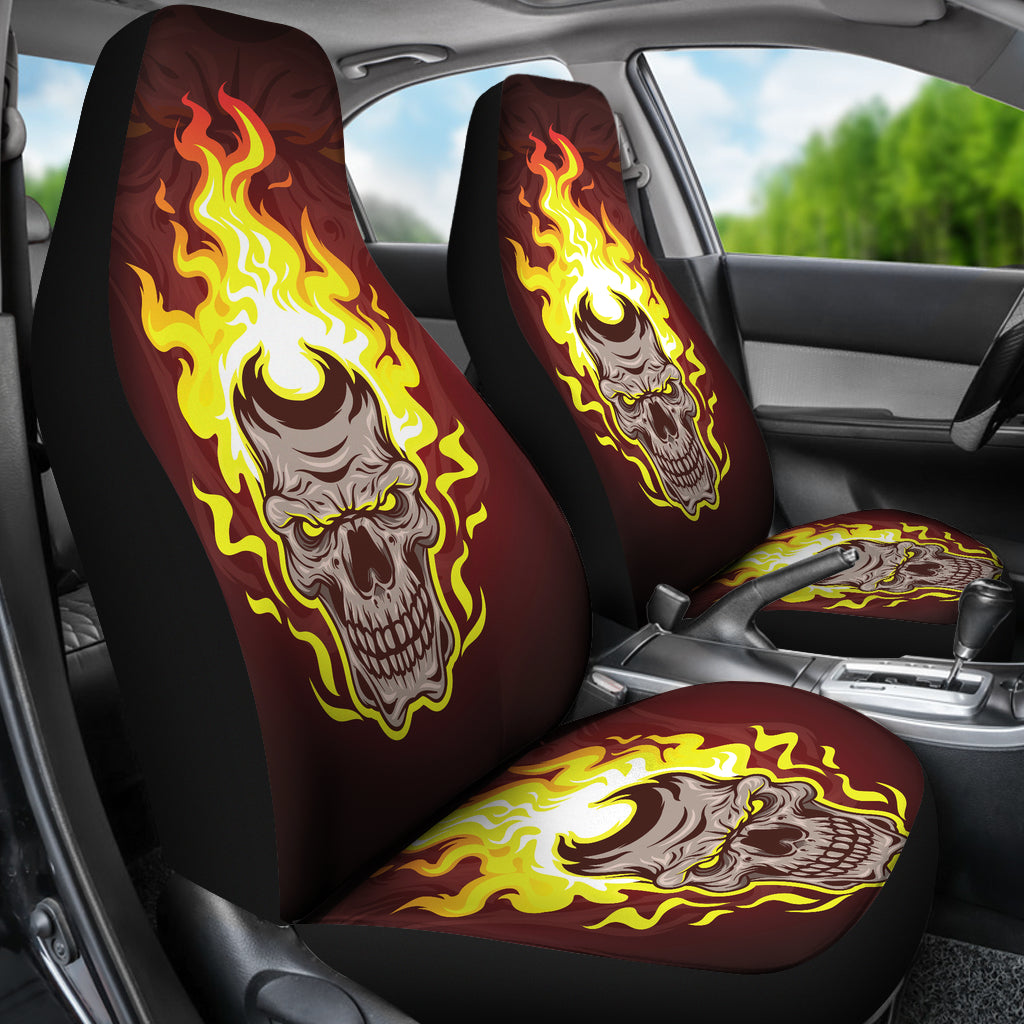 Set of 2 - Gothic horror Halloween skull flaming drum, skull car seat cover