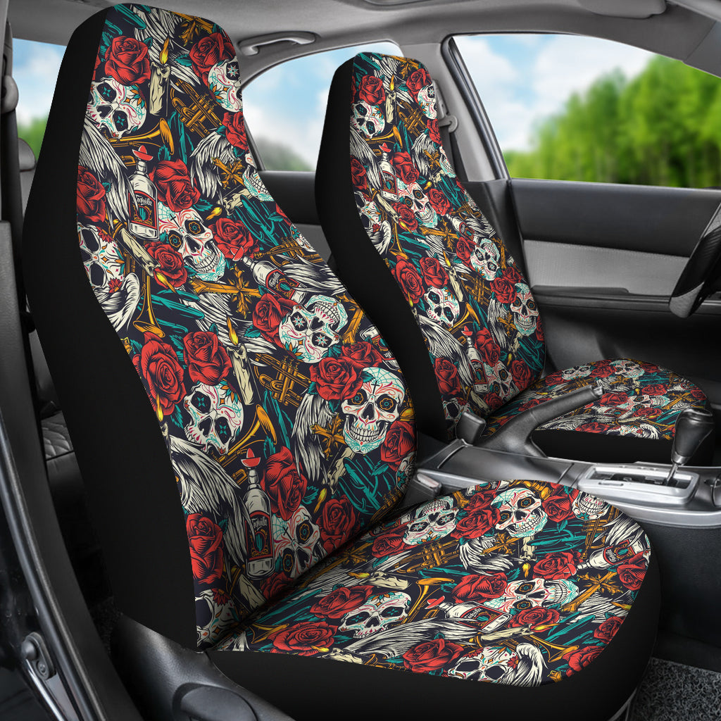 Set of 2 pcs sugar skull car seat covers