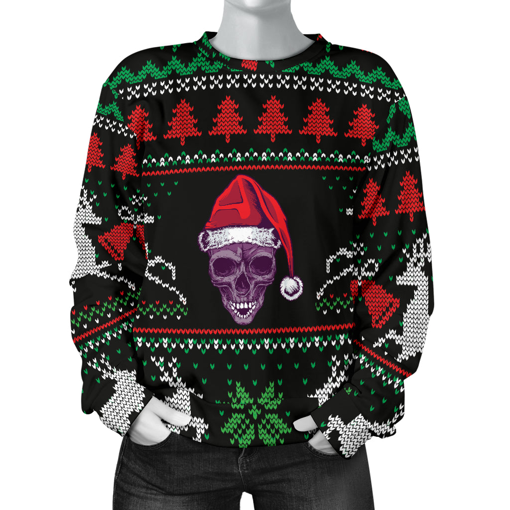 Ugly Christmas Santa Skull Black Women's Sweater