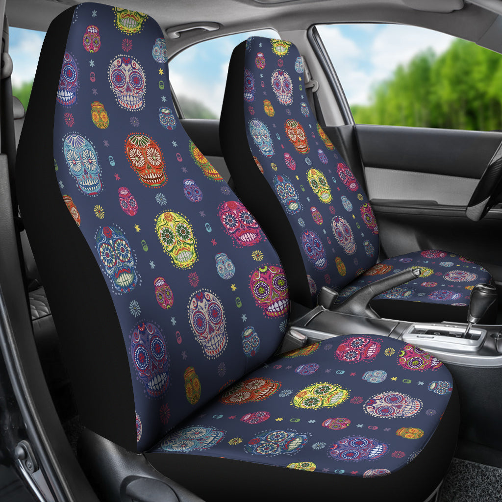 Set of 2 colorful sugar skull car seat covers