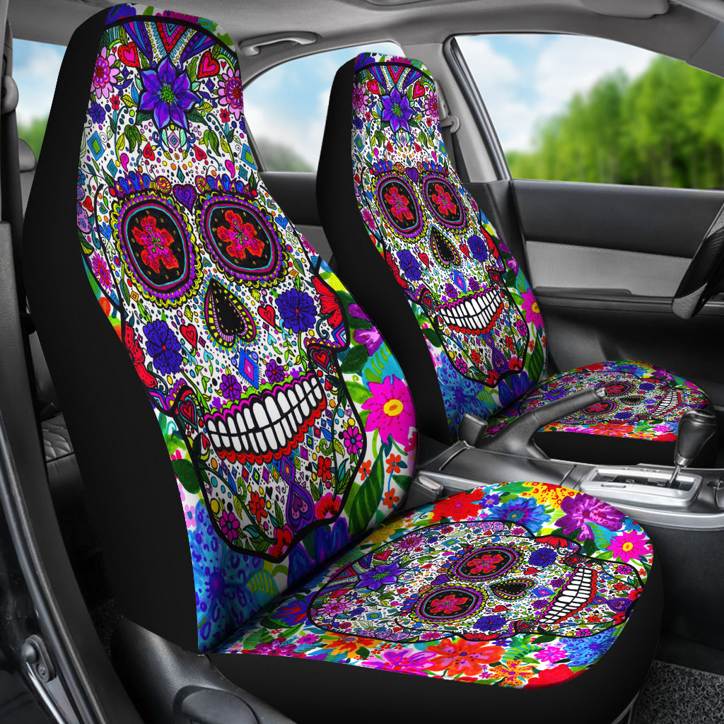 Set of 2 pcs colorful sugar skull car seat cover.