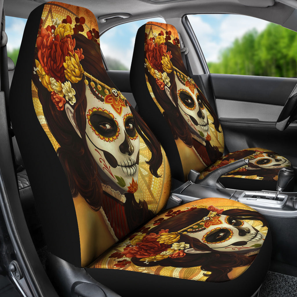 Set 2 pcs sugar skull day of the dead car seat covers