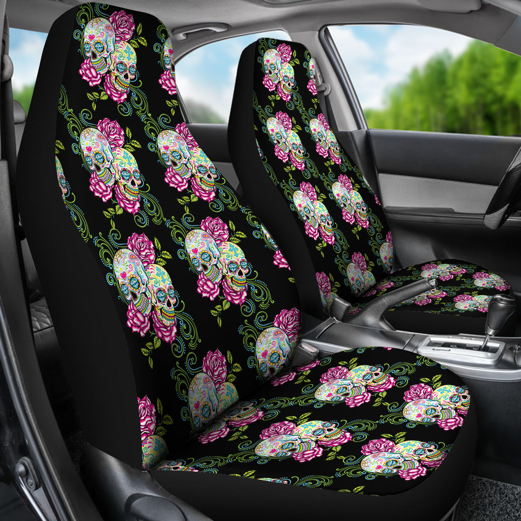 Set of 2 sugar skull floral car seat covers