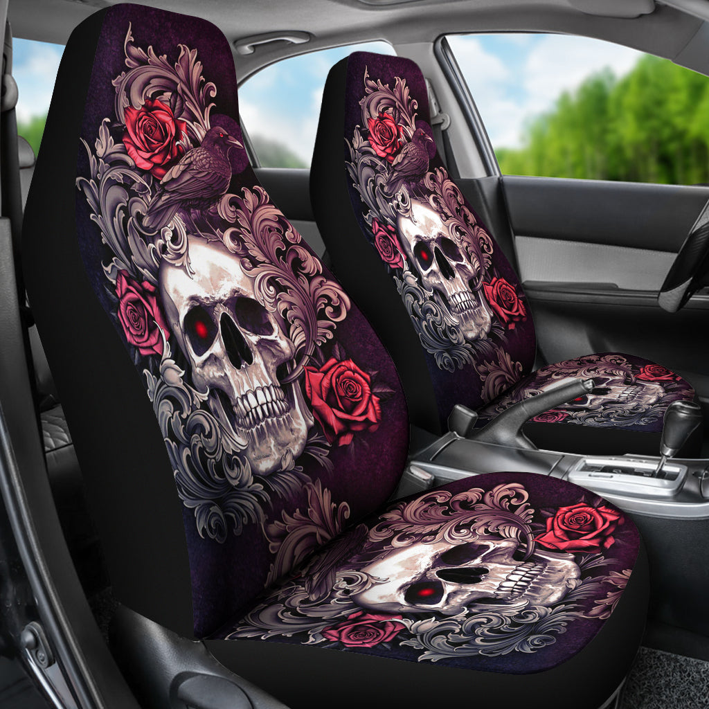 Set 2 pcs Gothic skull floral rose car seat covers