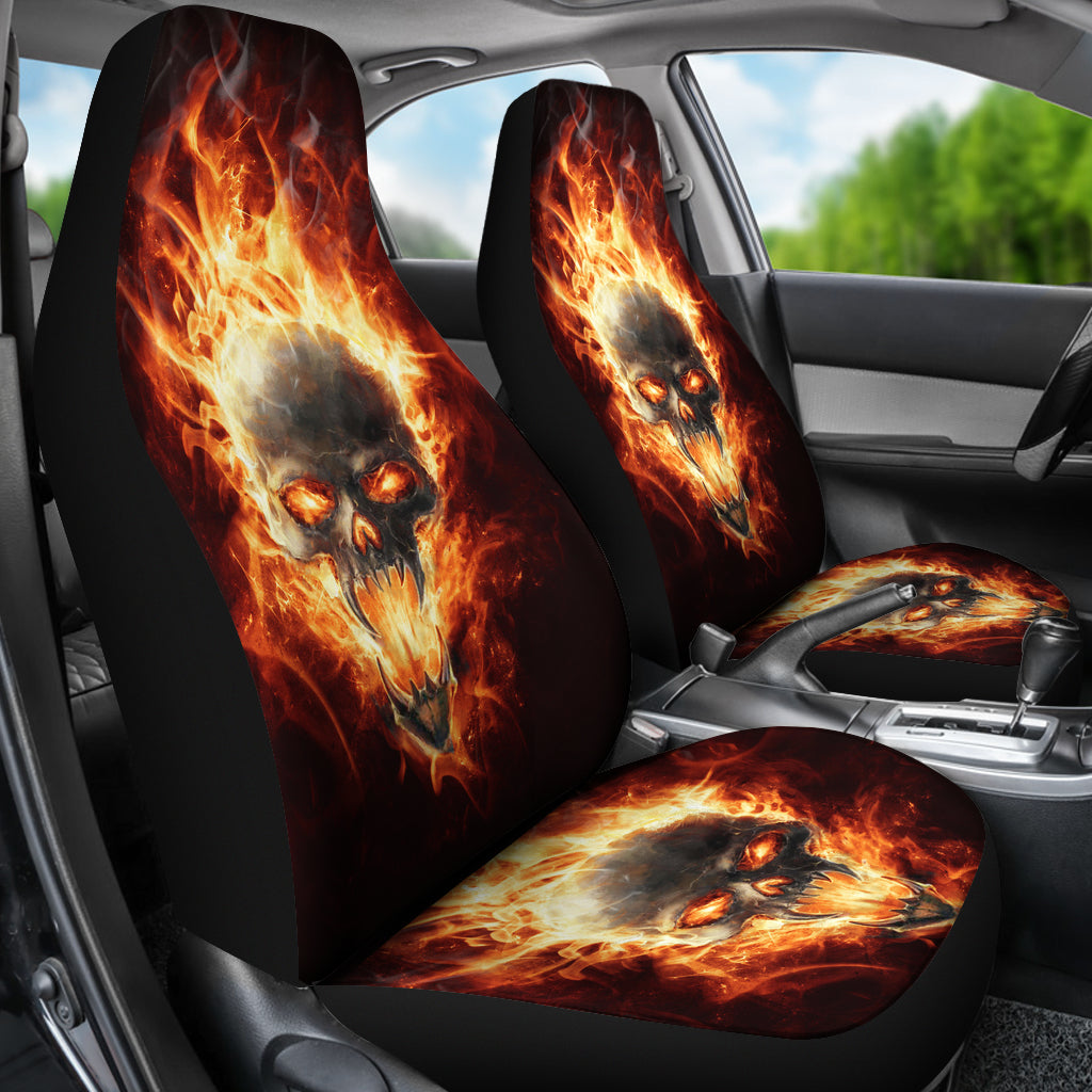 Set of 2 pcs - Skull Gothic Horror Flaming Fire Halloween skull car seat covers