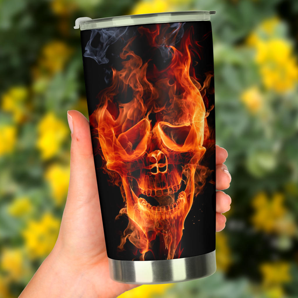 Flaming skull tumbler cup