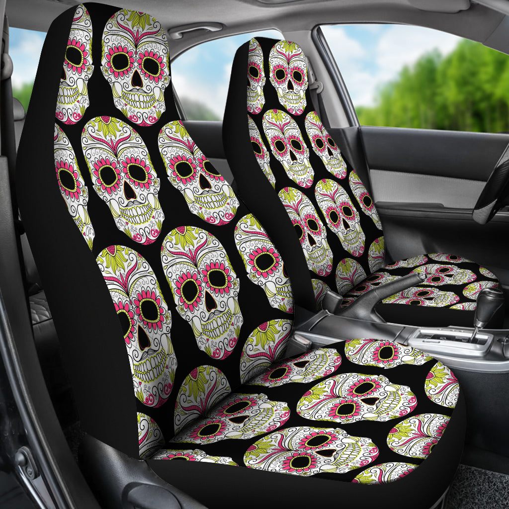 Set of 2 Pcs sugar skull car seat cover - Day of the dead seat cover