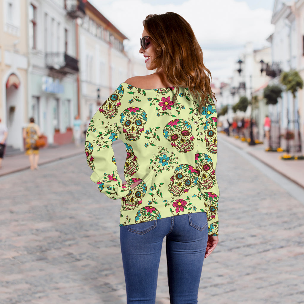 Green Sugar Skull Off Shoulder Hoodie