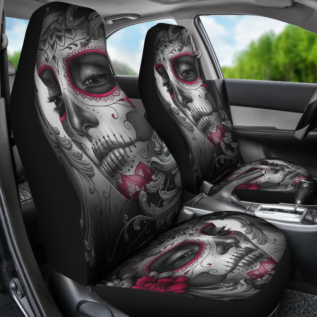 Set of 2 pcs skull beautiful sugar skull girl car seat covers