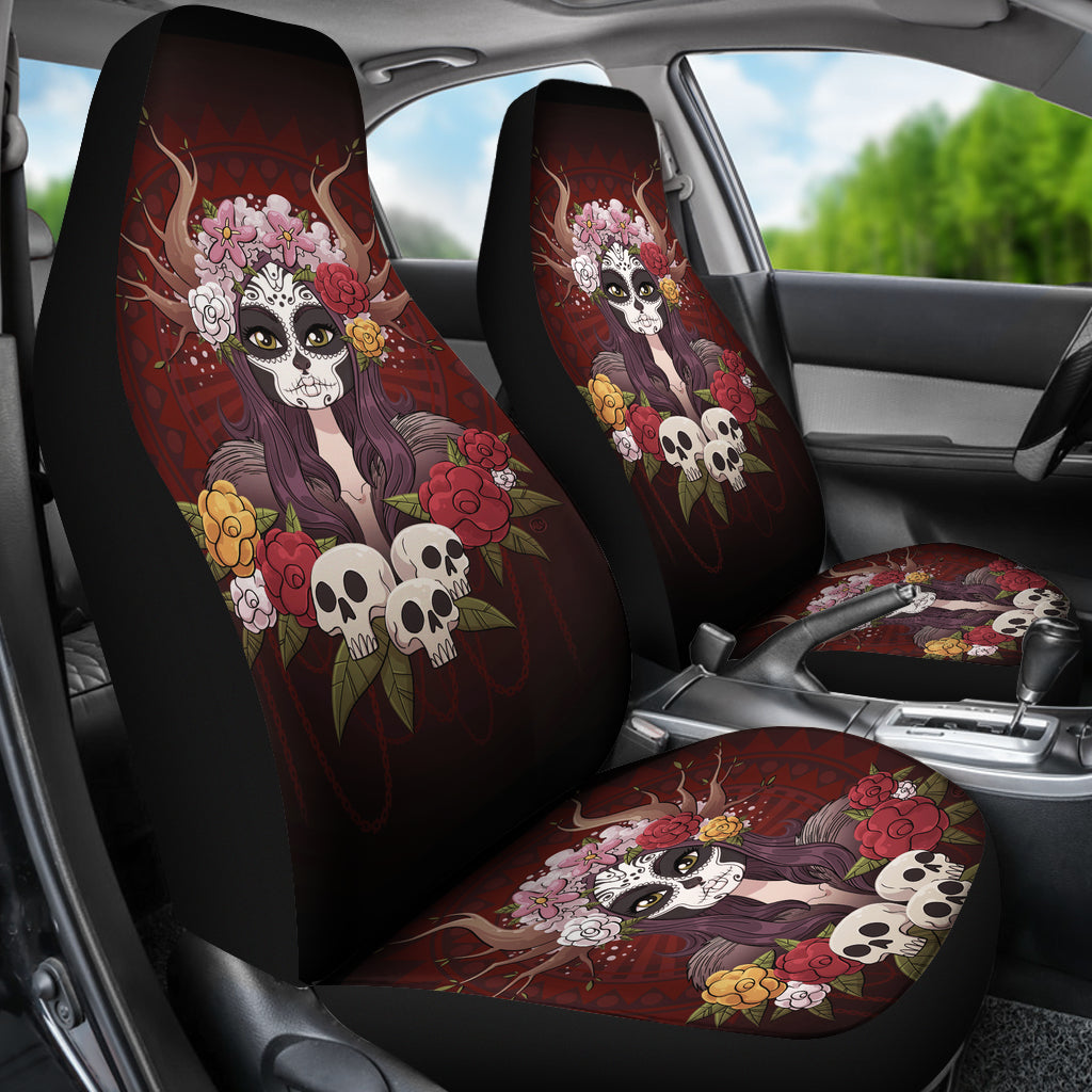 Set of 2 day of the dead sugar skull car seat covers