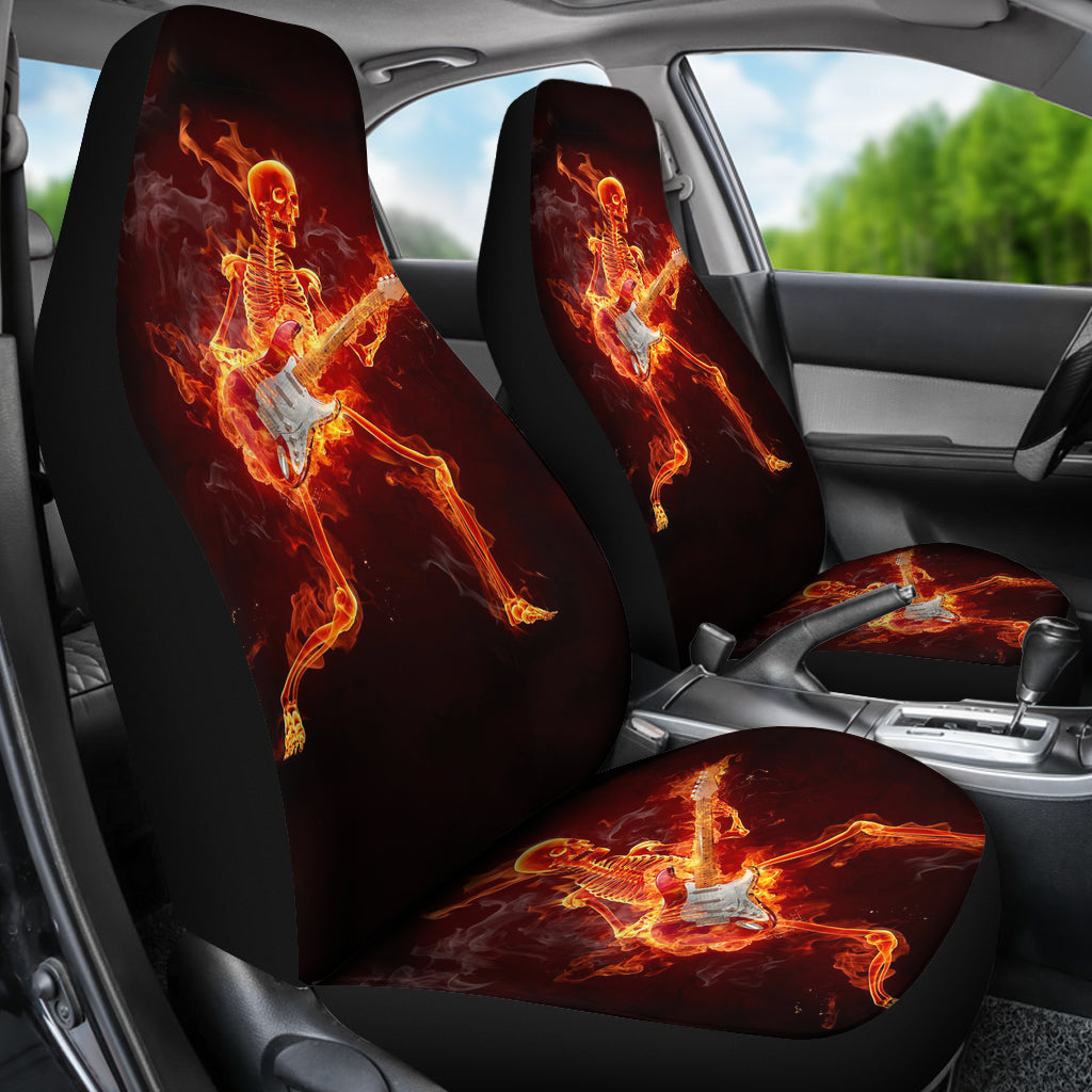 Set of 2 flaming fire skull car seat covers