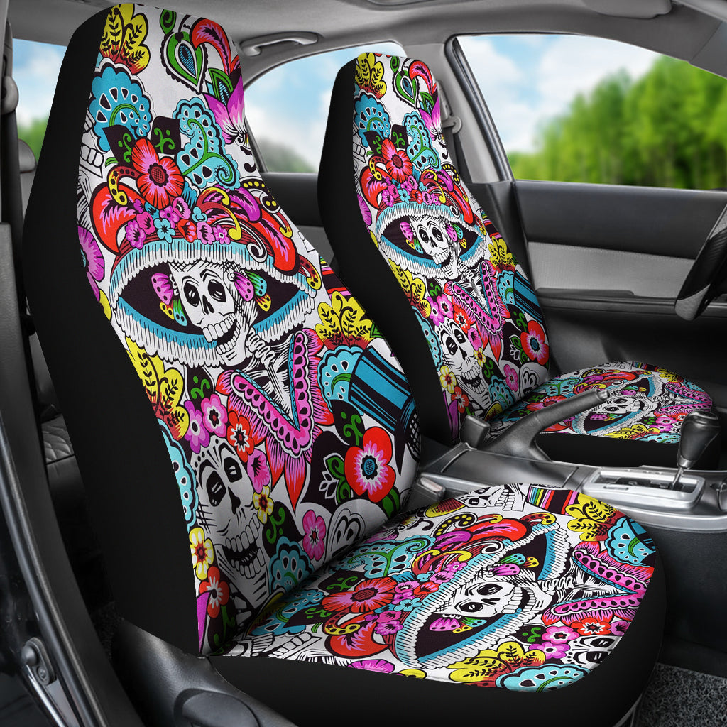 Set of 2 Day of the dead sugar skull car seat covers