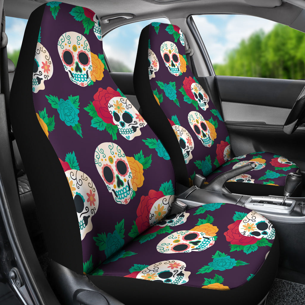 Set 2 pcs Floral sugar skull day of the dead skull car seat covers