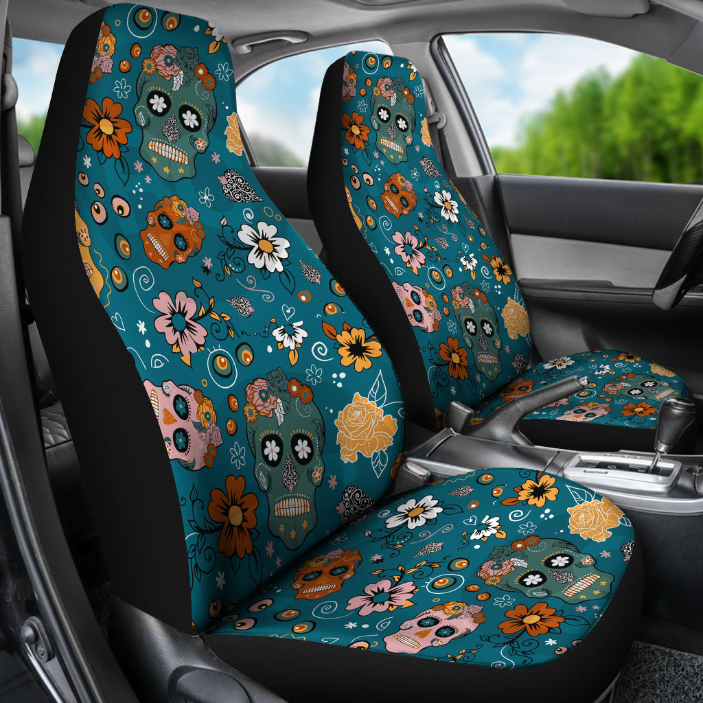 Set of 2 pcs sugar skull day of the dead car seat covers