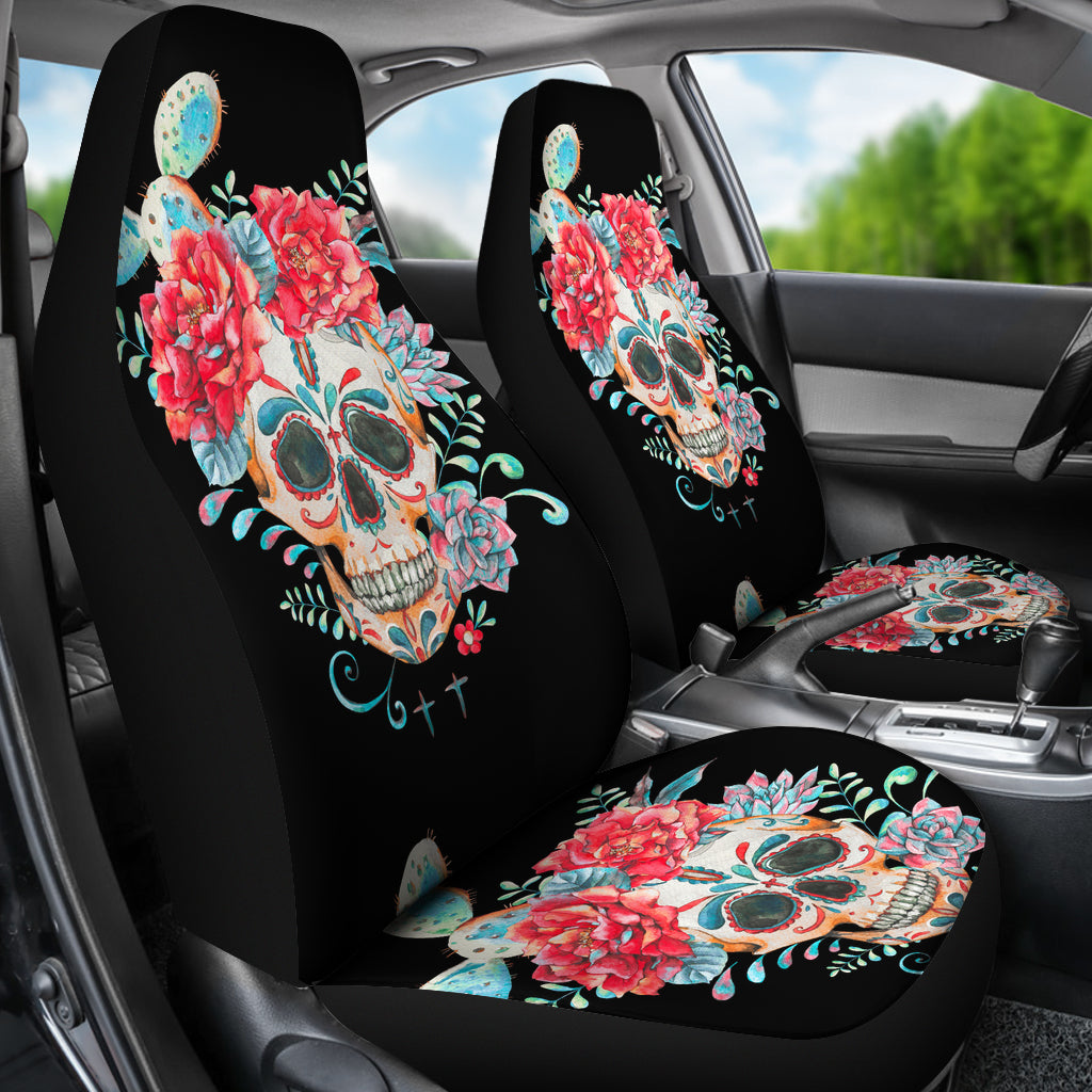 Set of 2 pcs floral skull car seat covers