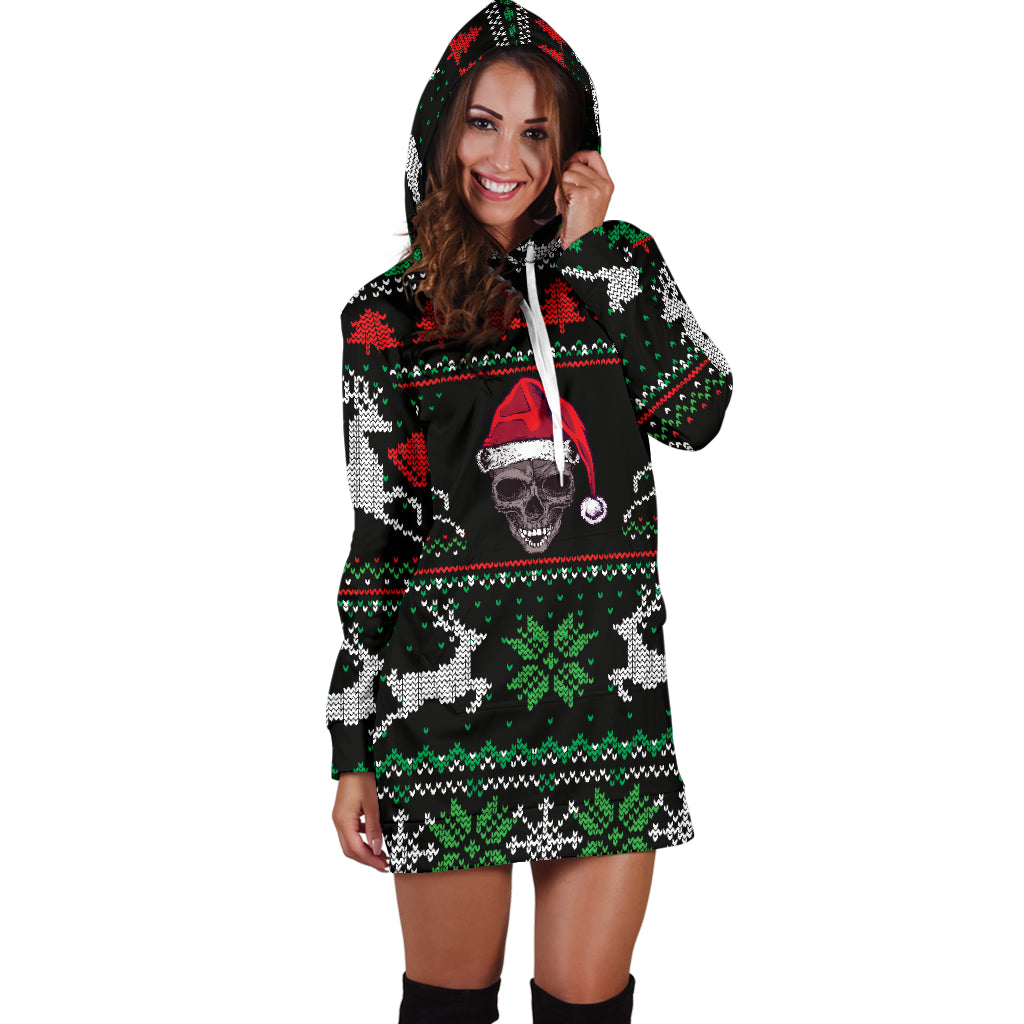 Ugly Christmas Santa Skull Black Hoodie Dress