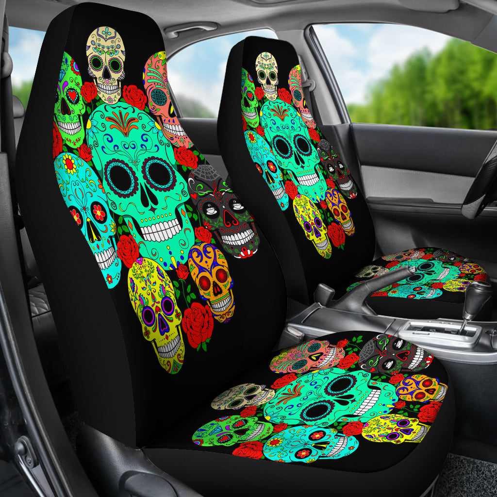 Set of 2 sugar floral skull car seat covers